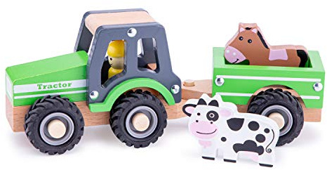 New Classic Toys - 11941 - Spielfahrzeuge - Traktor mit Anhänger, grün | Bauernhof-Fahrzeug, Holz-Traktor, Bauernhof-Spielset, Schiebespielzeug, Fahrzeugset, ab 18 Monaten
