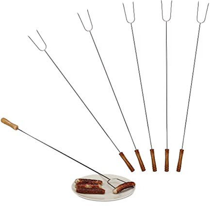 Relaxdays Grillspieße, 6er Set, Holzgriff, Sicherer Abstand, Lagerfeuer, Universal, 80 cm lang, Edelstahl, Silber/Natur