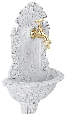 Relaxdays Wandbrunnen antik, mit Wasserhahn, nostalgisch, Waschbecken Garten, Aluguss, H x B x T 40 x 24,5 x 13 cm, weiß