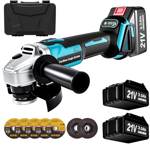 Yofuly Akku Winkelschleifer für Makita Akku 18V 21V, 2× 3.0Ah Akkus & Ladegerät, Akku Flex Trennschleifer 125mm, 9000U/min, 3 Stufige Drehzahlregelung, Inkl. 5* Trennscheibe, 2* Fächerscheibe