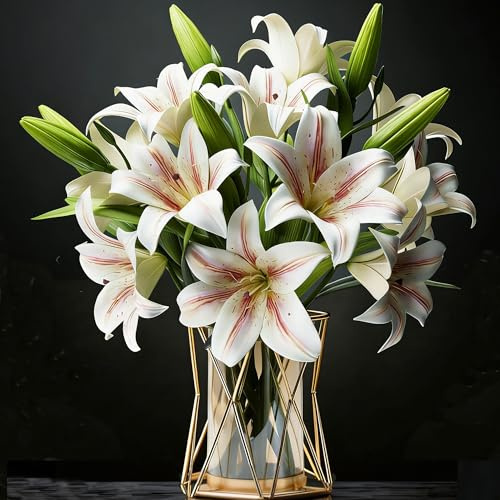 HNVNER 6 Bündel Kunstblumen Lilien, 3D-künstliche Lilienblume, Gesamt 12 Blütenköpfe 6 Knospen - 36cm Kurze Stängel Lilien Fake Blumen Blumenstrauß für Hochzeit, Home & Büro Deko(Champagnerfarben)