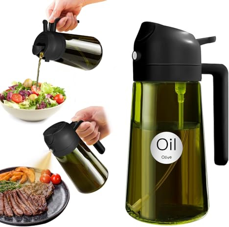 YARRAMATE 470ml lichtblockierender dunkler Ölsprüher zum Kochen, 2-in-1 UV Schutz ölzerstäuber für die Küche, hochwertige grüne Glasölflasche, lebensmittelechter Sprühflasche für die BBQ (Schwarz)
