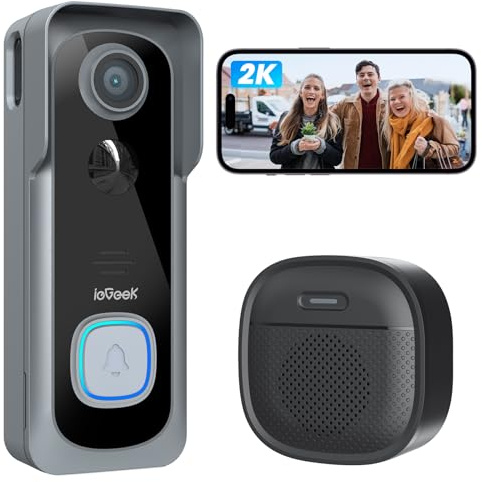 ieGeek 2K Video Türklingel mit Kamera, 166° Funkklingel mit Kamera (Grau) | Kompatibel Mit Alexa, AI Bewegungserkennung, 2-Wege-Audio, HD-Auflösung, Nachtsicht, IP66, Lokale Aufzeichnung, 2,4GHz WLAN