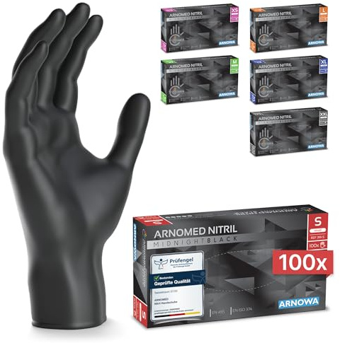 ARNOMED Einweghandschuhe 100 Stück/Box, Schwarze Einmalhandschuhe S, puderfreie & latexfreie Nitrilhandschuhe, Handschuhe in Gr. S, M, L & XL verfügbar