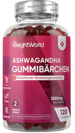 WeightWorld Ashwagandha Gummies - 1200mg/Portion - 120 Vegane Gummibärchen | 2 Monate Vorrat, Natürlicher Himbeergeschmack, Täglich 2 Gummibärchen, Glutenfrei, Withania Somnifera