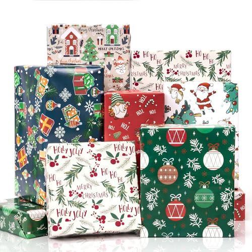 Toptime Geschenkpapier Weihnachten, Niedliche Cartoon Weihnachtspapier mit Schneemann Stechpalme Weihnachtswichtel Muster, 6 Bögen Farbiges Geschenkpapier für Kinder Weihnachtsgeschenke, 70x50cm