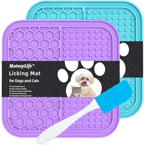 MateeyLife Schleckmatte Hund, 2 Stück Leckmatte Hund für Welpen Katze | BPA-freies Silikon, rutschfest mit Saugnäpfen, inkl. Spatel, ideal für Baden, Training und Fellpflege(lila und hellblau)