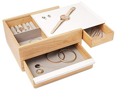 Umbra Stowit Design Schmuckkasten – Schmuckbox mit Geheimfächern für Ringe, Armbänder, Halsketten, Uhren, Ohrringe & Accessoires, Holz/Metall, Weiss/Natur, Gross