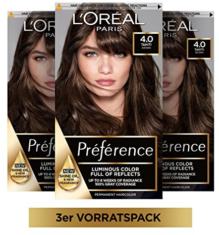 L'Oréal Paris Permanente Haarfarbe, Haarfärbeset mit Coloration und Farbglanz-Pflegebalsam, Préférence, 4 Naturbraun, 3er Set