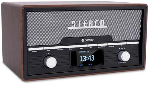DENVER MDA-525DW Retro Mikro HiFi Anlage - DAB+ & FM Radio - CD-Player - Bluetooth - USB-Anschluss - AUX-Eingang - Weckerfunktion - Kompakte Stereoanlage im Holz Design