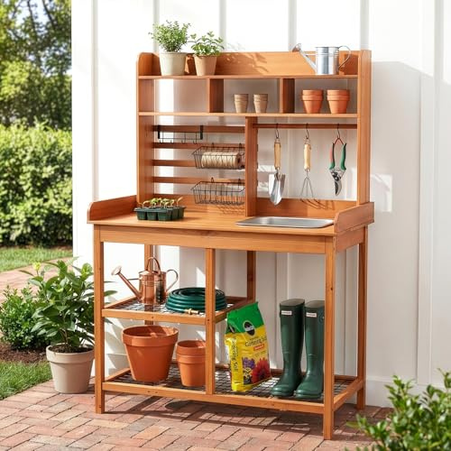 OOOK Pflanztisch Outdoor Wetterfest, Pflanztische mit Waschbecken | Nordischer Schottkiefer, Blumentisch Gärtnertisch mit Haken, Garten Arbeitstisch für Balkon Terrasse, Angenehme Arbeitshöhe