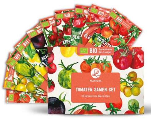 Plantura Bio-Tomaten Samen-Set, 10 Sorten für bis zu 50 Tomatenpflanzen | Samenfestes Bio-Saatgut für Garten & Balkon, keimstarke Samen, Tomatensamen für Beet & Topf