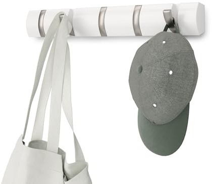Umbra Flip 5 Garderobenhaken – Moderne, Schlichte und Platzsparende Garderobenleiste mit 5 Beweglichen Haken für Jacken, Mäntel, Schals, Handtaschen und Mehr, Weiss/Nickel