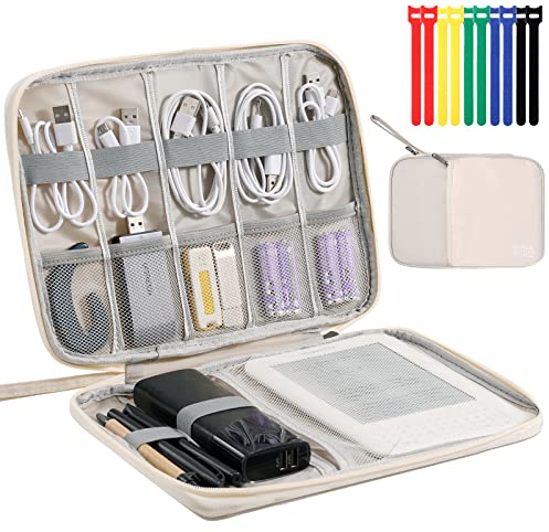 OrgaWise Kabeltasche Kabelorganizer Reisen Kabel Etui Elektronik Zubehör Organizer Tasche Universaltasche für Bag Accessories Handy Ladekabel, Powerbank, USB Sticks (Ties-Beige)