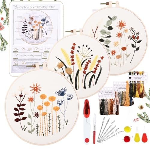 YINVA Anfänger Stickerei Set Stickerei Set, Blumenmuster Pflanzen Kreuzstich-Kit Starter Tools Kit mit 3 Stück Kunststoff-Stickrahmen, für DIY Kunst, Handwerk, Nähen