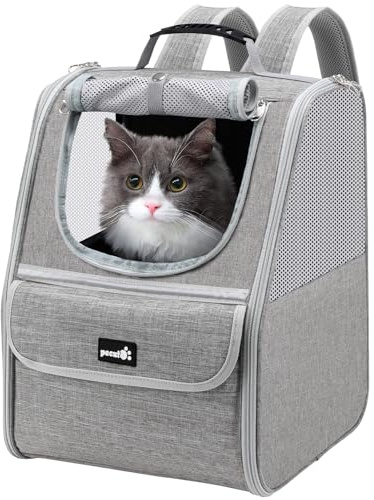 pecute Katzenrucksack Haustier Rucksack mit Netzfenster, Tragbare und Faltbare Katzentasche, Atmungsaktive und Leichte Hundetasche, Multifunktionales Ausgehen Reisen Hellgrau bis 6 kg