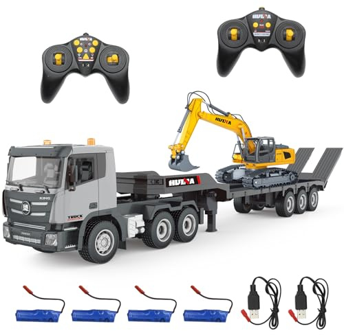 fisca RC Semi LKW und Bagger Spielzeug, 2.4Ghz Ferngesteuerter Pritschenwagen und Bagger Spielzeug, 1:24 RC Sattelzugmaschine mit Sound und Lichtern Geeignet für Baufahrzeuge für Jungen