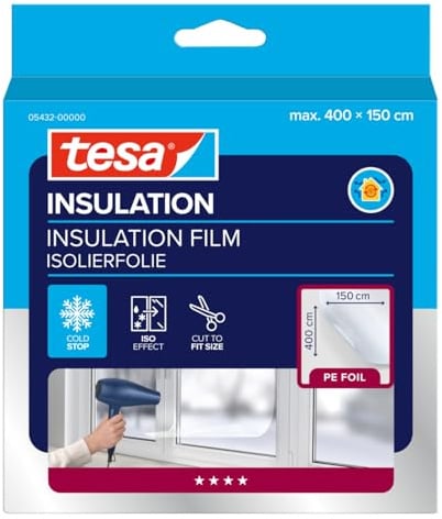 tesa INSULATION Fenster-Isolierfolie - transparente Thermofolie zur Wärmedämmung an Fenstern - inklusive praktischer Klebelösung - 4 m x 1,5 m