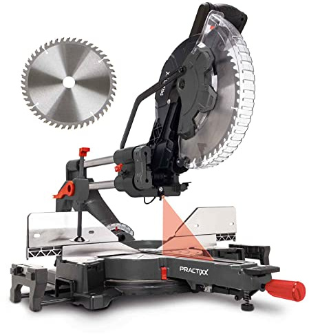 Practixx Kappsäge PX-KZS-305PA Kappzugsäge | Schnitthöhe max. 180x340mm | mit Laser, Posaunenauszug & Softstart | Ø-Sägeblatt 305mm | Beidseitig neigbarer Sägekopf 48° | 2000W | Kapp und Gehrungssäge