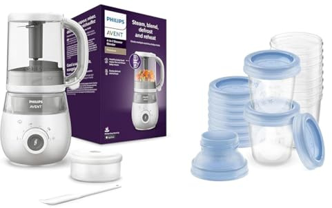 Set aus AVENT 4-in-1 Dampfgarer mit Mixer Premium, Babynahrungszubereiter, spülmaschinenfest, Modell SCF883/01 + Philips AVENT Aufbewahrungssystem für Muttermilch (Modell SCF618/10)