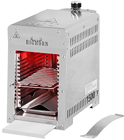 BIG HORN OUTDOORS Tragbarer Infrarot-Broiler Propangasgrill, 1500 Grad Edelstahl Tischplatte Schnellkochen Steak Grill für Fleisch, Meeresfrüchte, Gemüse