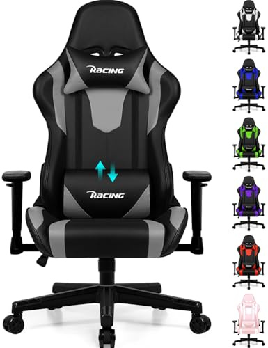 Homimaster Gaming Stuhl, Bürostuhl Ergonomisch mit verstellbare Lendenkissen, Kopfkissen und Armlehnen,Gaming Chair Gepolstert,Gamer Stuhl Wippfunktion,Gaming Stuhl 150 kg Belastbarkeit