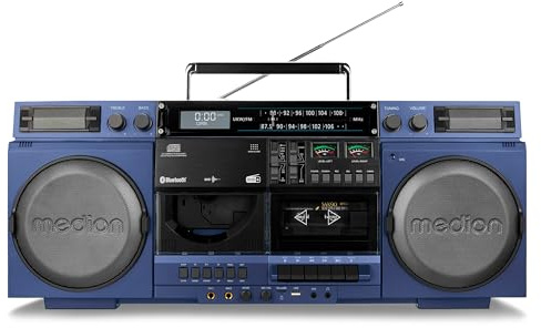 MEDION P66538 Kassettenrecorder (Retro Ghettoblaster mit CD-Player, 80er, groß, USB, SD, CD, Kassetten MC, DAB+ Radio Teleskopantenne, Bluetooth, Kassettendeck, Aufnahmefunktion, Batteriebetrieben)