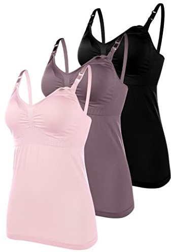 AOOPOO 3er-Pack Damen-Baumwoll-Still-Tank-Top, Umstands-Unterhemd zum Stillen, Langes Oberteil ohne Stahlring mit Polster-Vorderschnallen-Fütterung