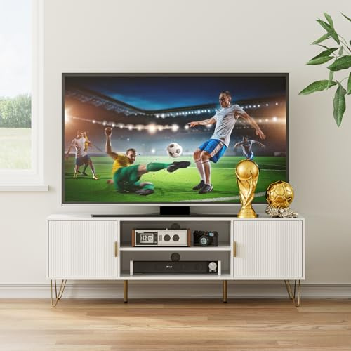HEYZOEY TV Schrank, Lowboard für TV bis 65 Zoll, 2-türiges TV Board mit Schränken für Wohnzimmer (Weiß, 137 x 38 x 48 cm)