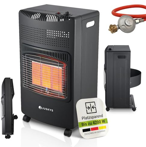 Juskys® Keramik Gasheizung GS42US in Schwarz - 4200 W mit Druckregler & Schlauch - Mobil, effizient & energiesparend - Gasheizer Gasheizofen Gasheizgerät