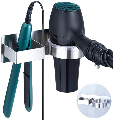 YYBO Fönhalter Ohne Bohren, Glätteisen Halterung, Föhn Halterung für Haartrockner und Glätteisen, Föhnhalter Wand, Haartrocknerhalter Wandhalterung, Selbstklebend Fönhalterung für Bad Hotel (Silber)