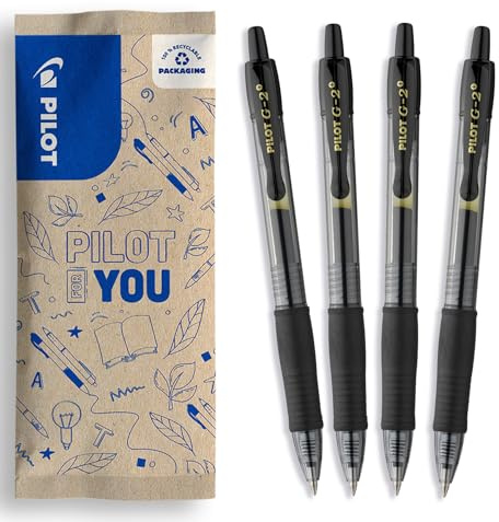 PILOT G2-7 Gelschreiber Set - 4 Stück - Farbe Schwarz - weiche Gelstifte 0,36mm Strichstärke, angenehme Schreibführung und kratzfreies, präzises Schriftbild, mit austauschbarer Mine