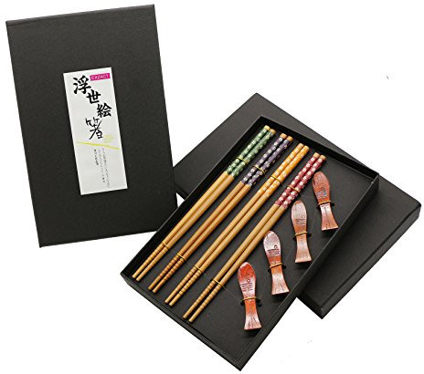 Exzact Essstäbchen-Geschenk-Set - 4 Paar wiederverwendbare natürliche Bambus-Essstäbchen mit 4 Stück Holz Essstäbchenhalter, EX-CS04, ex-cs04