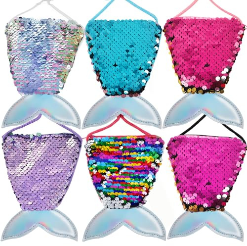 SALLYFASHION Meerjungfrau Tasche 6 Stück, Pailletten Geldbörse für Kinder Party Mitgebsel Geburtstag, Glitzer Täschchen Set für Fasching Kostüm Outfit