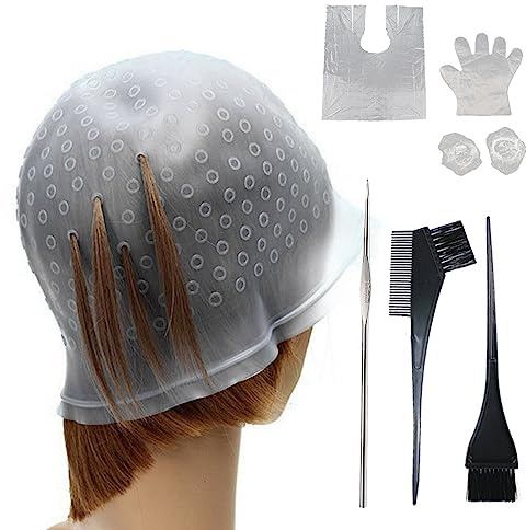 MIVAIUN 7 Stück Haare Färben Hervorhebung Silikon Strähnchenhaube Set, Silikon Strähnchenhaube Cap mit Haken Handschuhe Haarfärbeschal Haarfärbekamm für Salon Haus Haarefärben Zubehör
