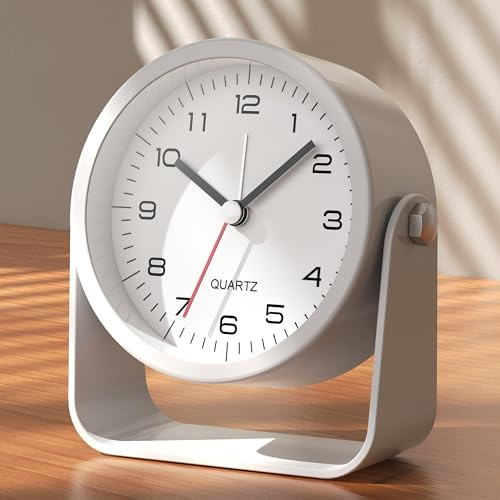 AYRELY 3,5Zoll Analog Wecker–geräuschloser Wecker ohne Ticken, Tischuhr mit verstellbarem Winkel, batteriebetrieben mit Licht (weiß)