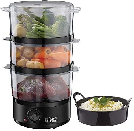 Russell Hobbs Dampfgarer [klein] 7,0l (60 Minuten Timer + Abschaltautomatik, 3 spülmaschinengeeignete Dampfgarbehälter + Reisschale/Reiskocher, BPA frei) Dampfkocher Compact 26530-56