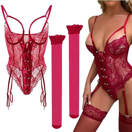 Sadodo Dessous Sexy Sets,Strapsen Dessous Set mit Spitzenstrümpfe | Babydoll, Negligee, Verführerische Spitzen-Nachtwäsche, Sexygewand Geschenke für Frauen, Valentinstag & Weihnachten