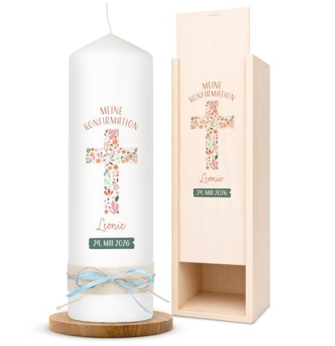 AMARI ® Konfirmationskerze personalisiert Floraler Segen (002.09.05) 25/8 cm- Kerze Konfirmation - Konfirmationskerze mit Namen und Datum - Konfirmation Kerze personalisiert Mädchen Junge