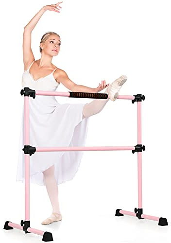 RELAX4LIFE Ballettstange freistehend aus Eisen, Ballet Bar höhenverstellbar, Ballett Barre mit 4 rutschfesten Gummipolstern, Stretchleiter 50kg belastbar, Tanzstange für Kinder Erwachsene (Rosa)