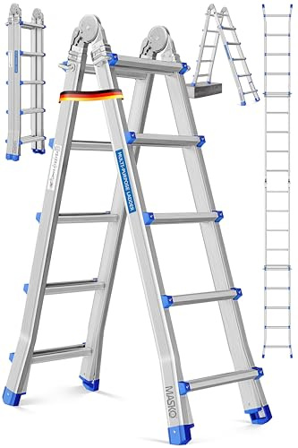 MASKO Aluminium 6in1 Mehrzweckleiter – 20 Sprossen | - 520 cm | 150 Kg, ausziehbar, rutschfest, Multifunktional, Gelenkleiter, Anlegeleiter, Klappleiter, beidseitige Steh- und Treppenleiter | Silber