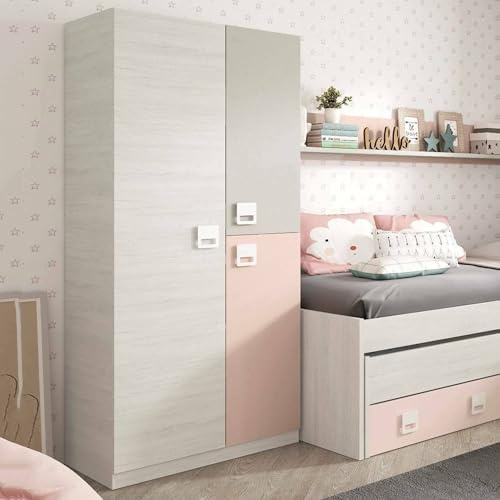 Dmora - Kleiderschrank 3 Türen Manchester, Kleiderschrank für Schlafzimmer, Schrank mit 3 Regalen und Kleiderstange, 90x52h200 cm, Grau und Rosa