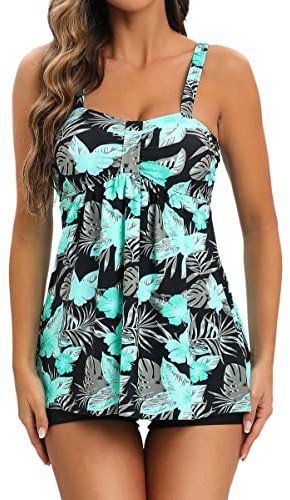 VILOREE Damen Tankini Set Figuroptimizer Zweiteilig Blumen Bademode Mit Hotpants Grüne Blätter 2XL