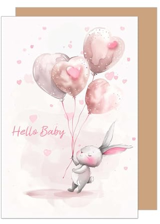 Edition Seidel Premium Glückwunschkarte zur Geburt mit Umschlag. Karte Grußkarte Babykarte Billet Hello Baby Junge Mädchen Kind Hase Luftballons rosa (E282 SW024)