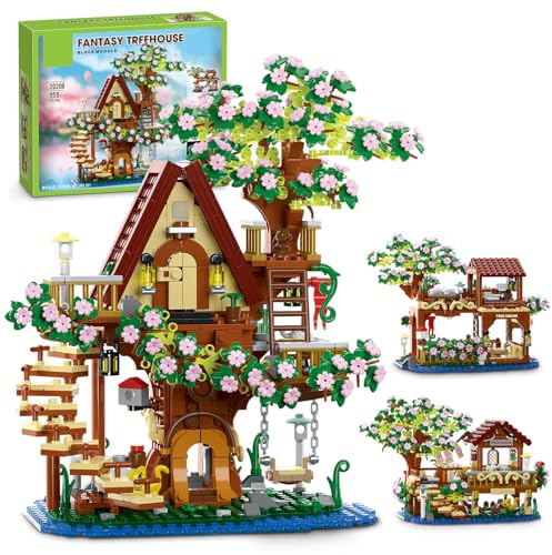 Finger Rock 3in1 Kirschblüten Baumhaus Bausteine, 959 Teile Blumen Tiere Garten Haus Deko Modell mit LED, Creative Architecture Geschenk für Erwachsene Sammler Junge Menschen