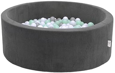 LittleStar® Bällebad mit 250 BPA-freien Bällen für Babys & Kleinkinder ab 10 Monaten | Oeko-TEX Zertifiziert & waschbar | Rutschfester Boden | Grauer Cord, 90 x 30 cm, rund | Bälle: Mint-grau-weiß