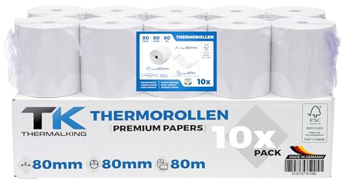 THERMALKING Thermorollen 80mm x 80mm x 12mm [für Bondrucker wie Epson, IBM & co.] - Bonrollen 80x80x12 Thermo - Kassenrollen Thermopapier - Geeignet für Drucksysteme mit Papierbedarf bis 80m (10 Stk)