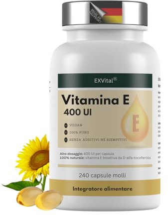 EXVital Vitamin E 400 I.E., 240 vegane Softgel Kapseln, mit D-Alpha-Tocopherol, Vitamin E aus Sonnenblumen, hochdosiert & laborgeprüft