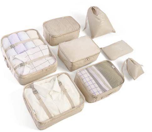 BillyBath Koffer Organizer set, Packing Cubes Kleidertaschen Schuhbeutel Reiseorganizer Packwürfel Kosmetik Travel Organizer Packtaschen für Koffer (8 teilig, Beige)