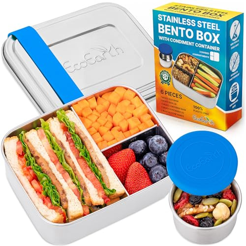 EcoEarth Edelstahl-Bento – 800 ml, Grün – Auslaufsicheres Metall, Lunchbox für Erwachsene mit 3 Fächern – Lebensmitteldose mit Dressing-Behälter